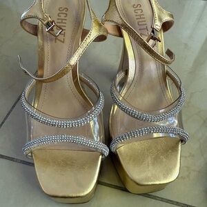 SCHUTZ Gold Heels with Crystal Embellishments